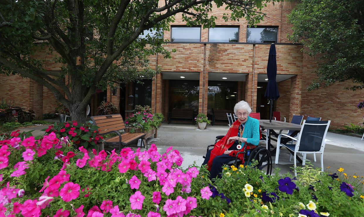Henrietta Hale, resident of Story County Medical Center's Senior Care, relaxes in front of the building in Nevada. The former site of Story County Medical Center will be converted to 60 apartments, including the senior care center after it moves to its new location behind the current facility.