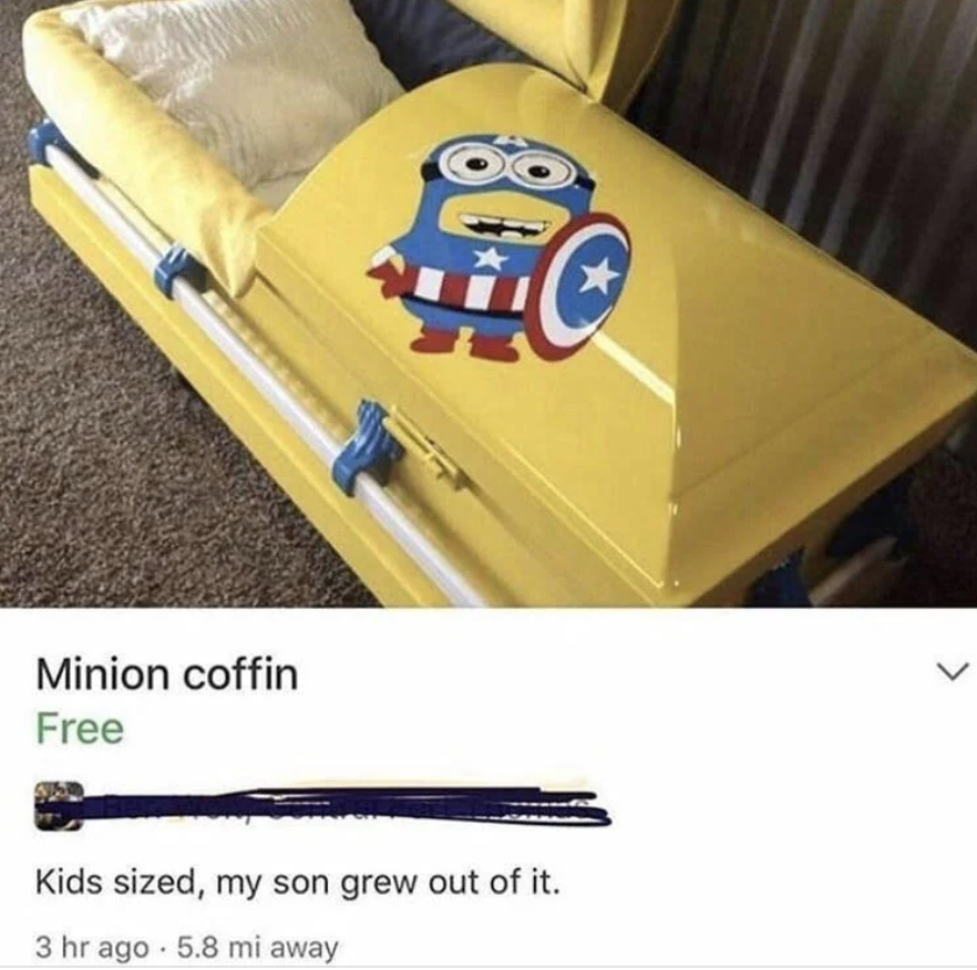 Yellow child's coffin with a Minion in Captain America costume decal. Text below: "Minion coffin. Free. Kids sized, my son grew out of it. 3 hr ago . 5.8 mi away."