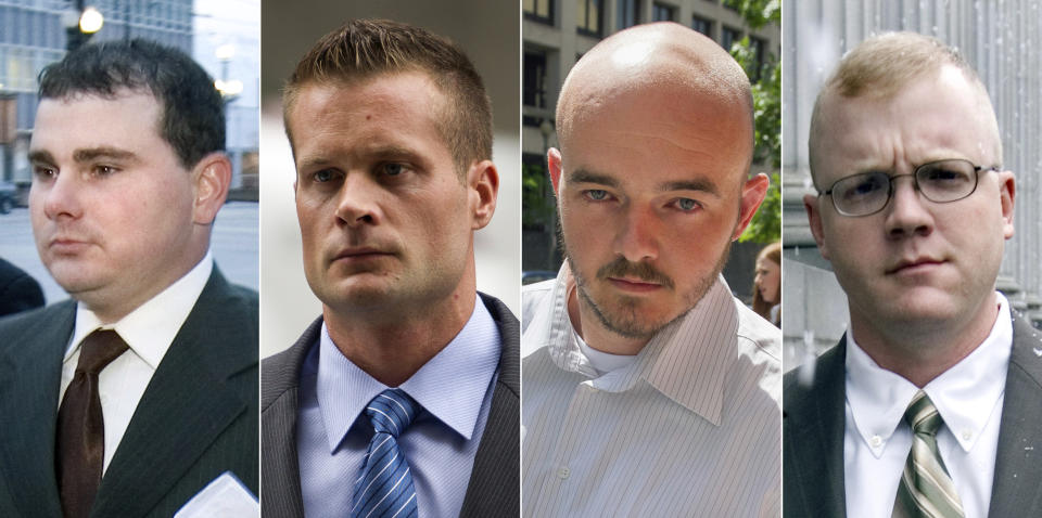 FILE - This combination made from file photo shows Blackwater guards, from left, Dustin Heard, Evan Liberty, Nicholas Slatten and Paul Slough. On Tuesday, Dec. 22, 2020, President Donald Trump pardoned 15 people, including Heard, Liberty, Slatten and Slough, the four former government contractors convicted in a 2007 massacre in Baghdad that left more a dozen Iraqi civilians dead and caused an international uproar over the use of private security guards in a war zone. (AP Photo/File)