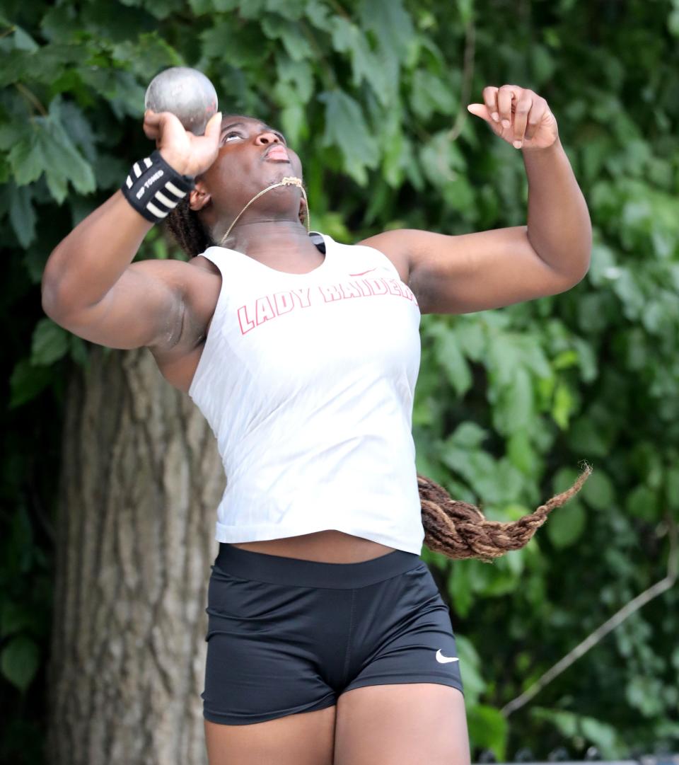 Deborah Estabine from North Rockland competes in the shot put championship during the New York State Track and Field Championships at Middletown High School, June 10, 2023.