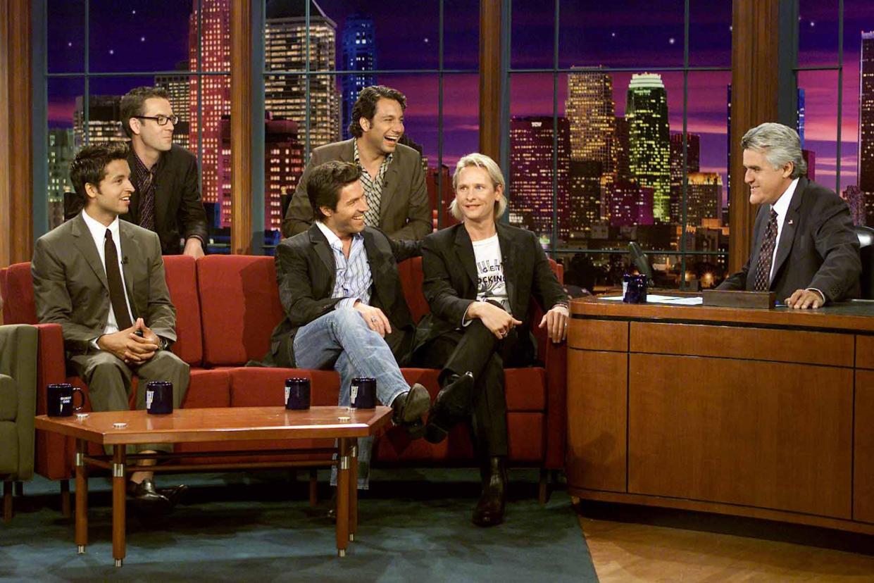 THE TONIGHT SHOW WITH JAY LENO -- Episode 2545 -- Pictured: (back, l-r) Television personalities Ted Allen, Thom Filicia, (front, l-r) Jai Rodriguez, Kyan Douglas, and Carson Kressley during an interview with host Jay Leno on August 14, 2003 -- (Photo by: Paul Drinkwater/NBCU Photo Bank/NBCUniversal via Getty Images via Getty Images)