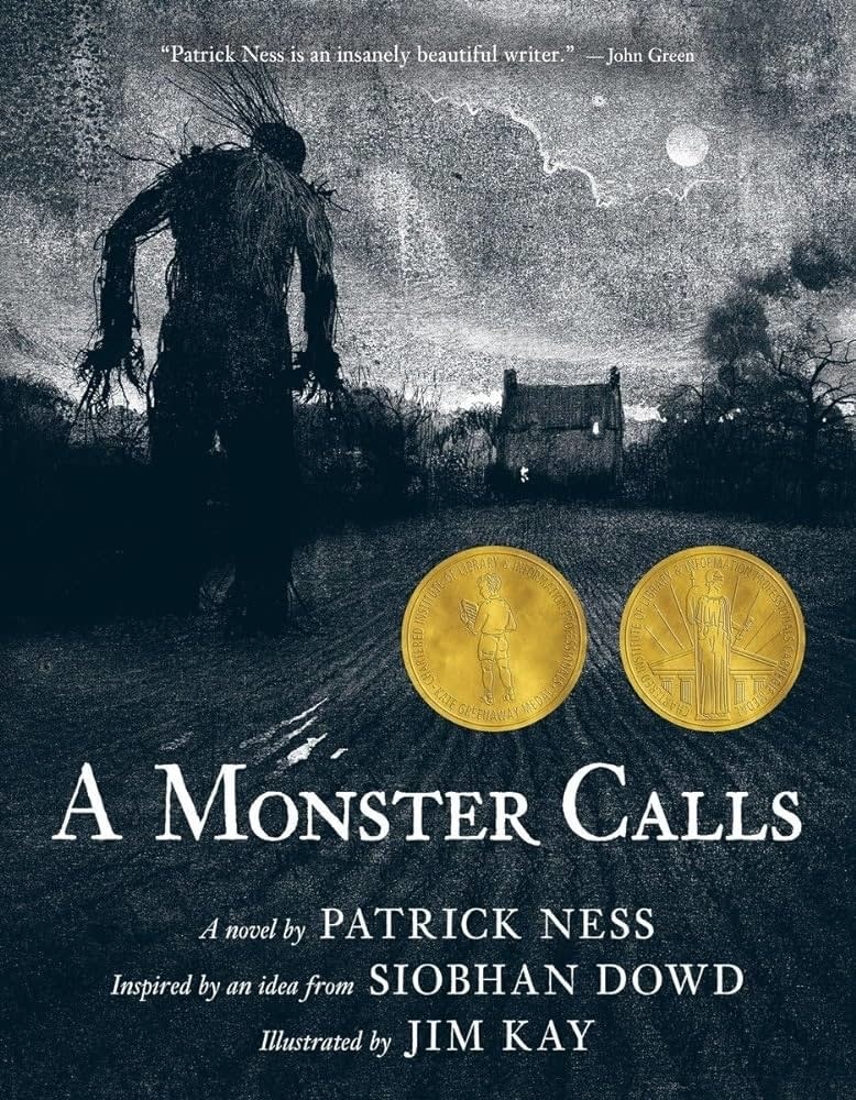 Book cover for "A Monster Calls" with an eerie figure, house, and two coins