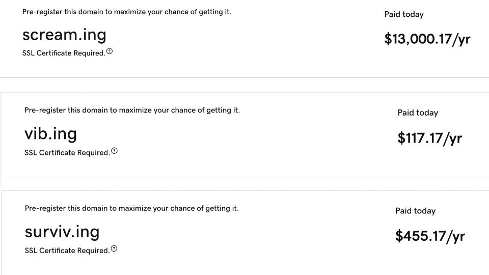 Various .ing domain prices