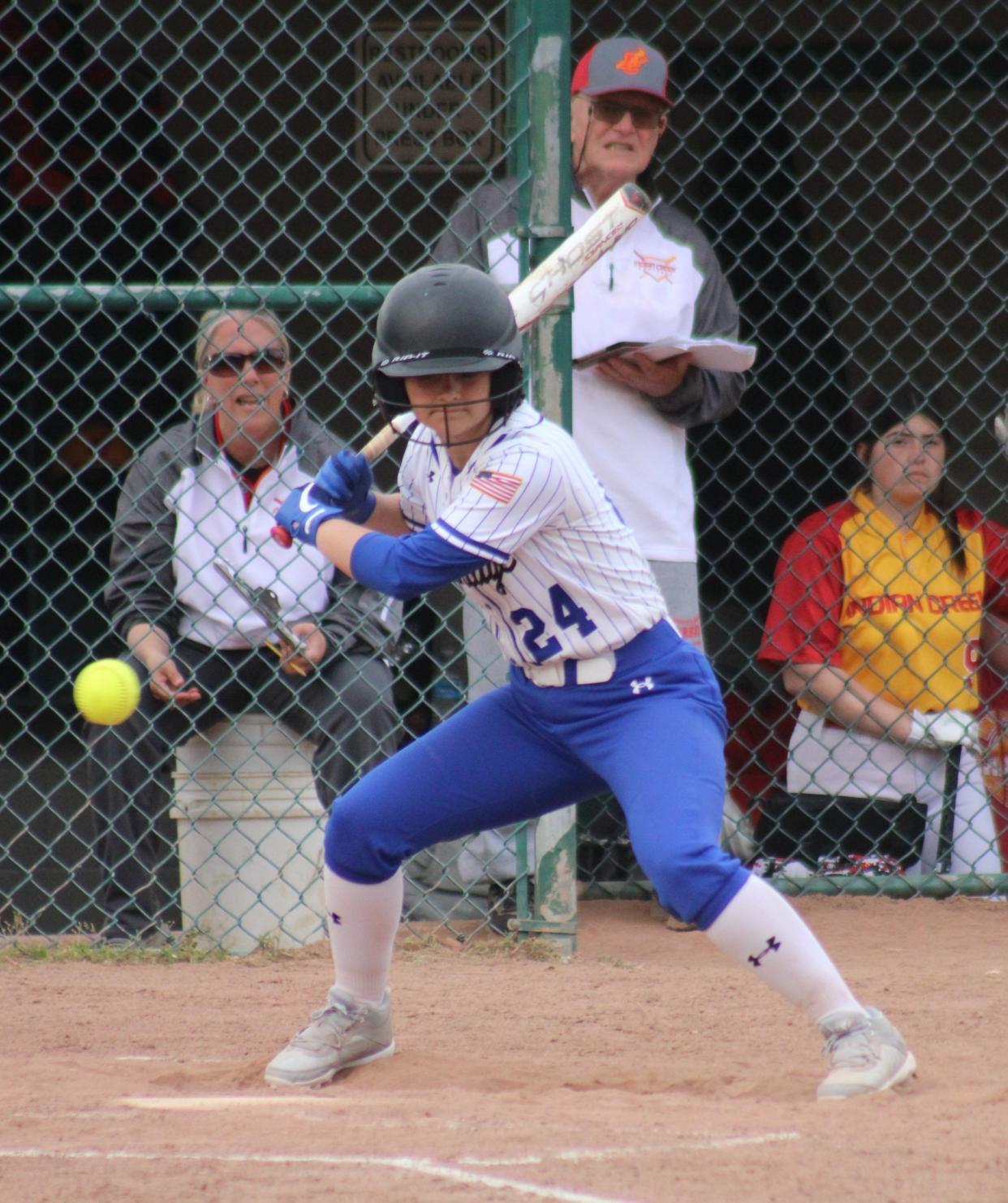 Cambridge's Bailey Kenworthy watches a ball pass by beyond the outside corner of the plate. Kenworthy finished 3-for-4 with a trio of base hits, nearly a third of the Bobcats' hit production.