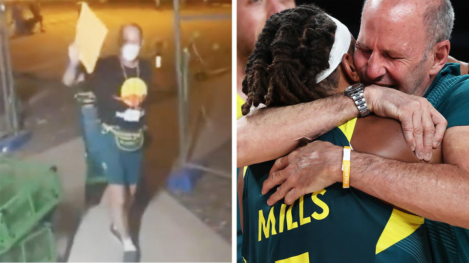 Australian Boomers coach Brian Goorjian was given a hero's welcome by members of the Olympic swimming team when he arrived to quarantine in Darwin. Pictures: Instagram/Getty Images