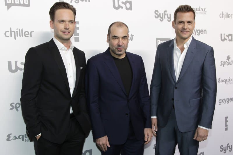 Patrick J. Adams, Rick Hoffman and Gabriel Macht, from left to right, appear in "Suits" Season 9, which began streaming Monday on Netflix. File Photo by John Angelillo/UPI