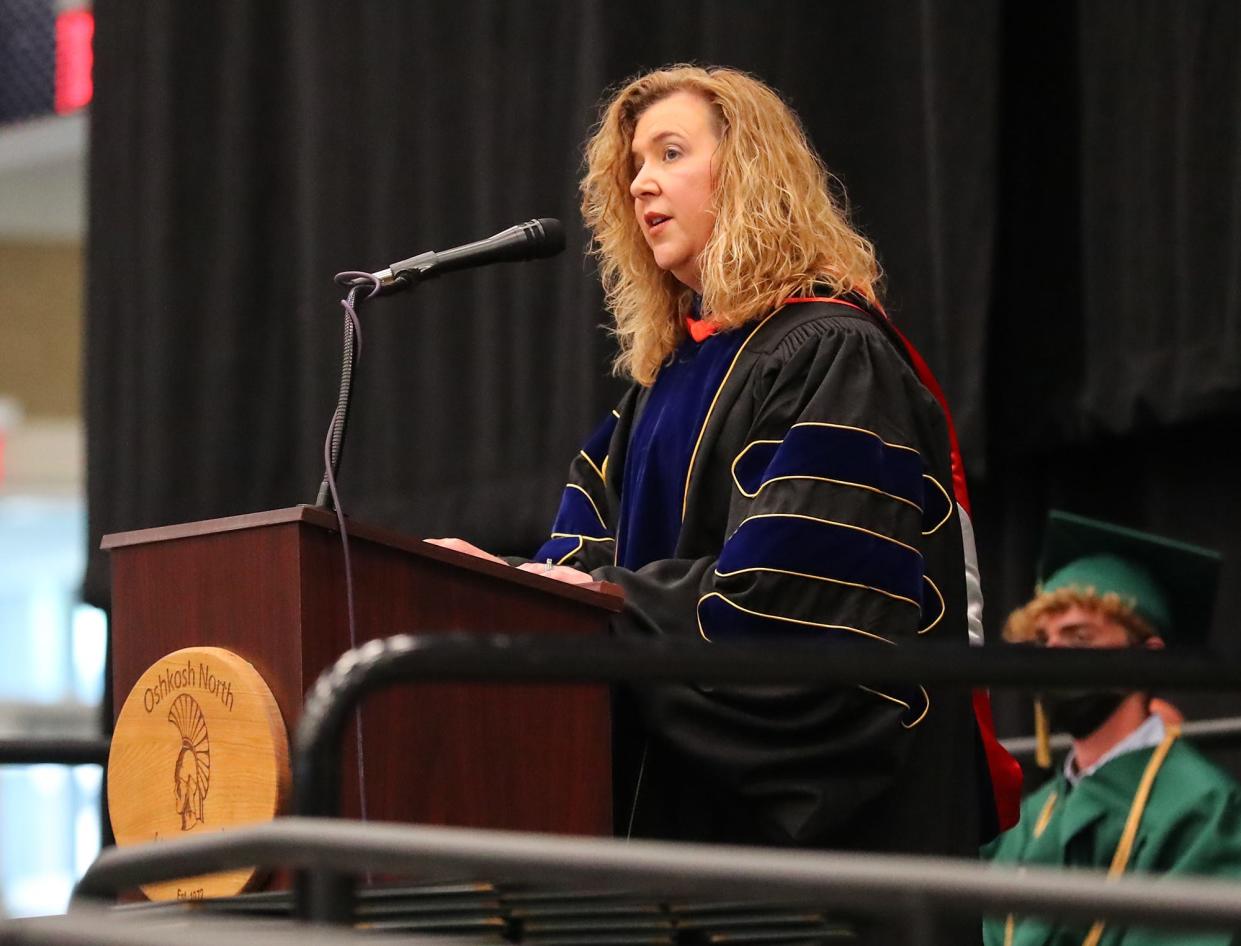 Former Oshkosh Superintendent of Schools Vickie Cartwright speaks at Oshkosh North High School's graduation ceremony in 2021. She has been fired from her post in Florida.