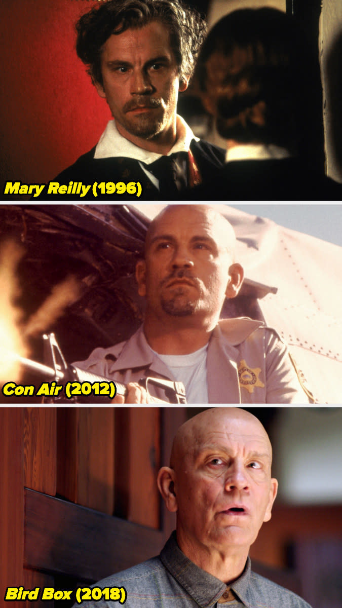 Stills of John Malkovich in "Mary Reilly," "Con Air," and "Bird Box."