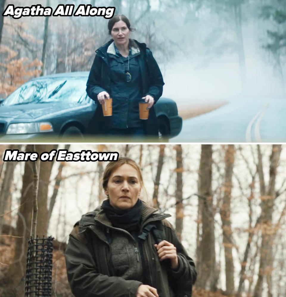 Kate Winslet, in casual outdoor clothing, holds two coffee cups and walks through a misty road; later, she is in the woods carrying a backpack