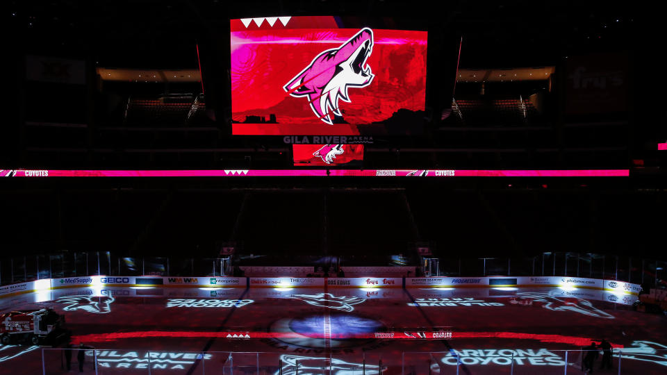 GLENDALE, AZ - JANUARY 08:  A wide view of Gila River Arena during a break during the Arizona Coyotes NHL training camp scrimmage on January 8, 2021 at Gila River Arena in Glendale, Arizona. (Photo by Kevin Abele/Icon Sportswire via Getty Images)