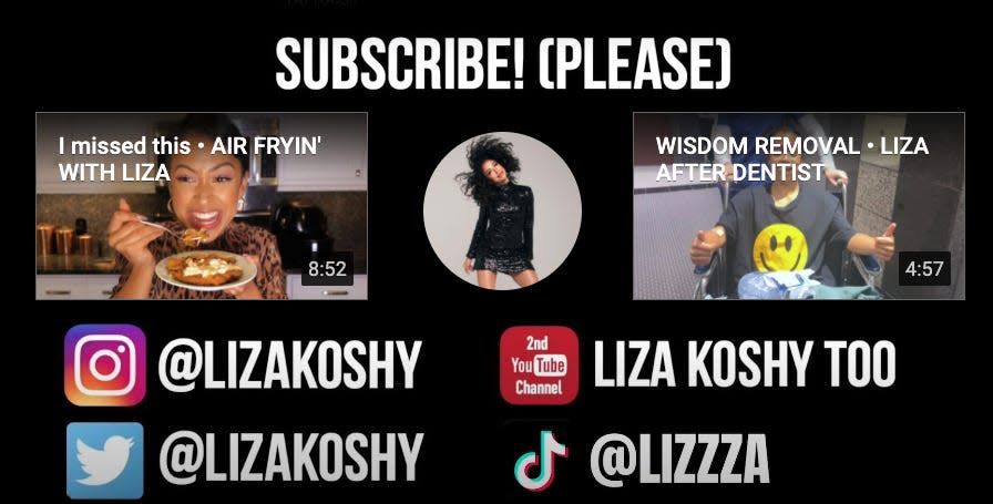 liza koshy end card YouTube; text that reads "subscribe! [please]" links to two other videos, and Liza's social media handles