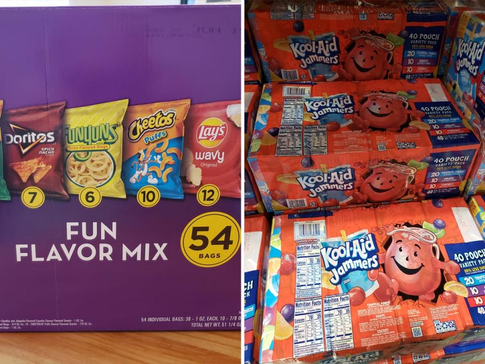 (left) costco pack of frito lays chip packs (right) costco packs of koolaid jammers juice pouches
