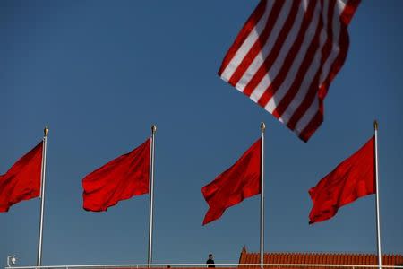 A security agent takes his position as U.S. and China's flags flutter over the Forbidden City ahead of the visit by U.S. President Donald Trump to Beijing, China November 8, 2017. REUTERS/Damir Sagolj/Files