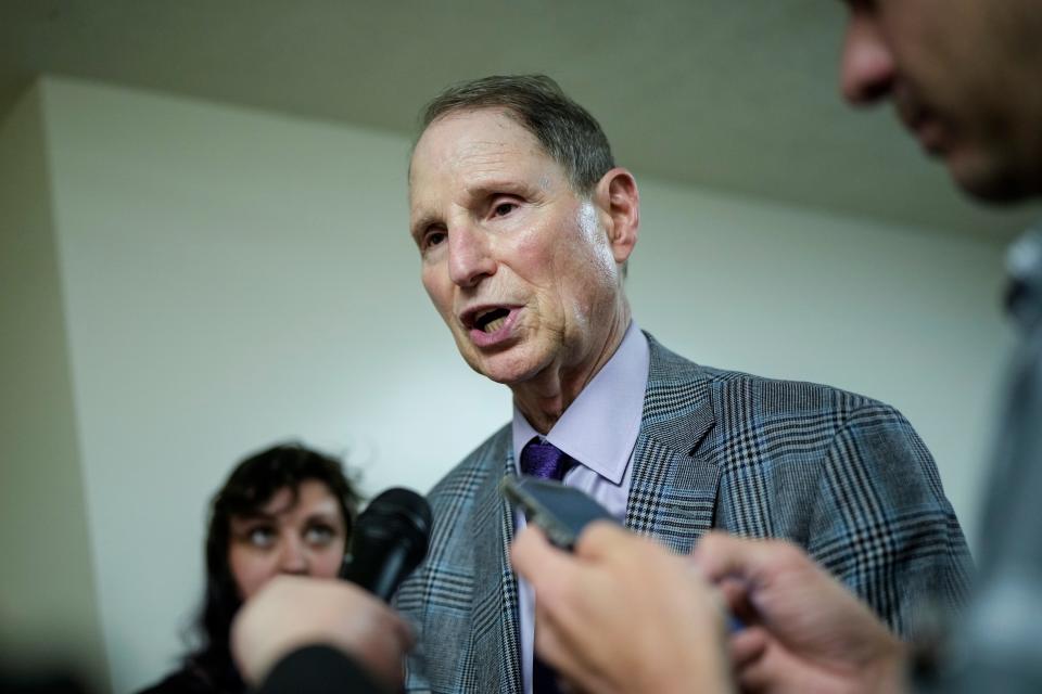 Sen. Ron Wyden (D-OR) speaks with reporters in the Senate subway at the U.S. Capitol on September 11, 2023 in Washington, DC. Wyden sent a letter to the FTC and SEC on Feb. 13, 2024 asking for extra scrutiny on a data intelligence company after he found it had sold location data for people who visiting reproductive health clinics. visited