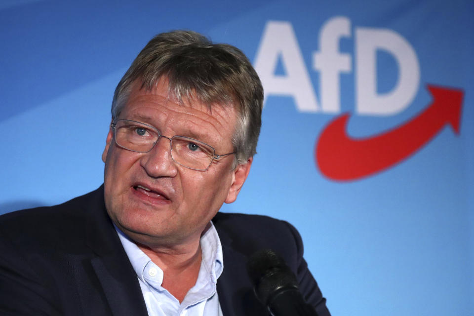 Joerg Meuthen, top candidate for the European Parliament of the Alternative for Germany, AfD, delivers his speech after the polling stations for the election have closed in Berlin, Germany, Sunday, May 26, 2019. (AP Photo/Matthias Schrader)
