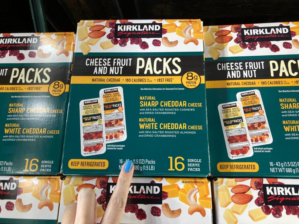 boxes of kirkland snack packs on the shelves at costco