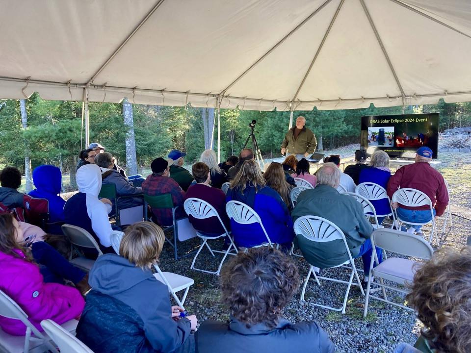 Tim Spuck, of the Oil Region Astronomical Society, addresses crowd who visited the ORAS observatory grounds on April 7, 2024, to learn more the pending April 8 total solar eclipse. The observatory is located off Route 322 in Venango County between Clarion and Franklin.