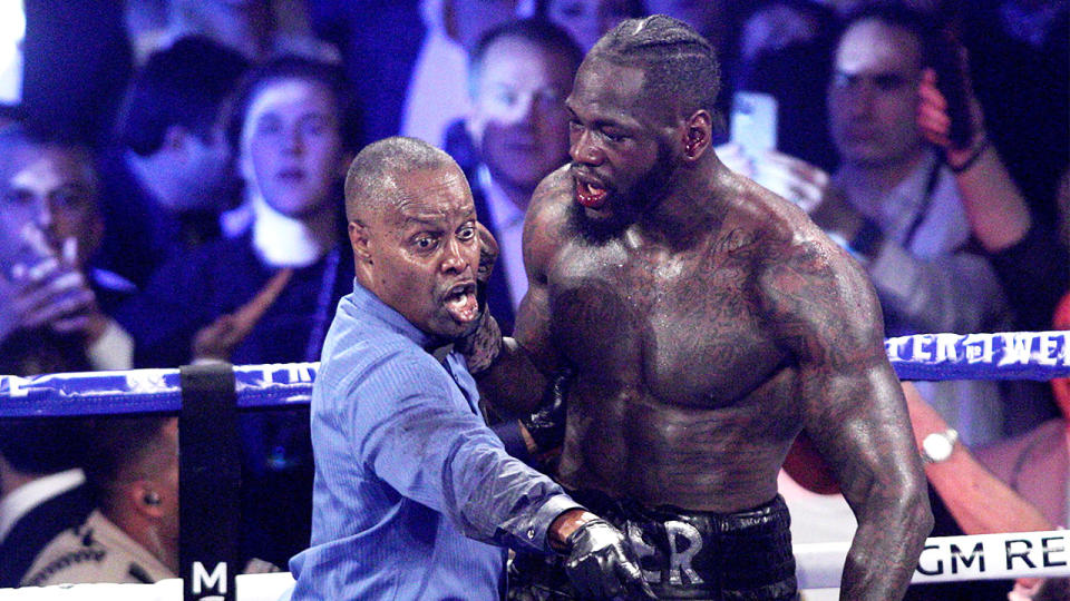 Referee Kenny Bayless points to the towel and holds Deontay Wilder.