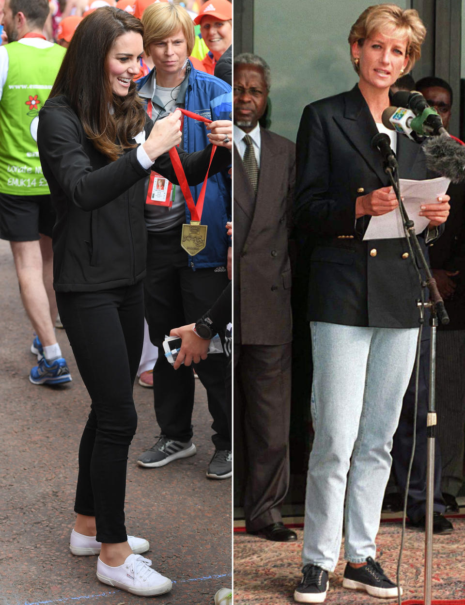 Diana wearing Superga trainers in Angola in 1997, and Kate wearing hers at the London Marathon 20 years later. (Getty Images)