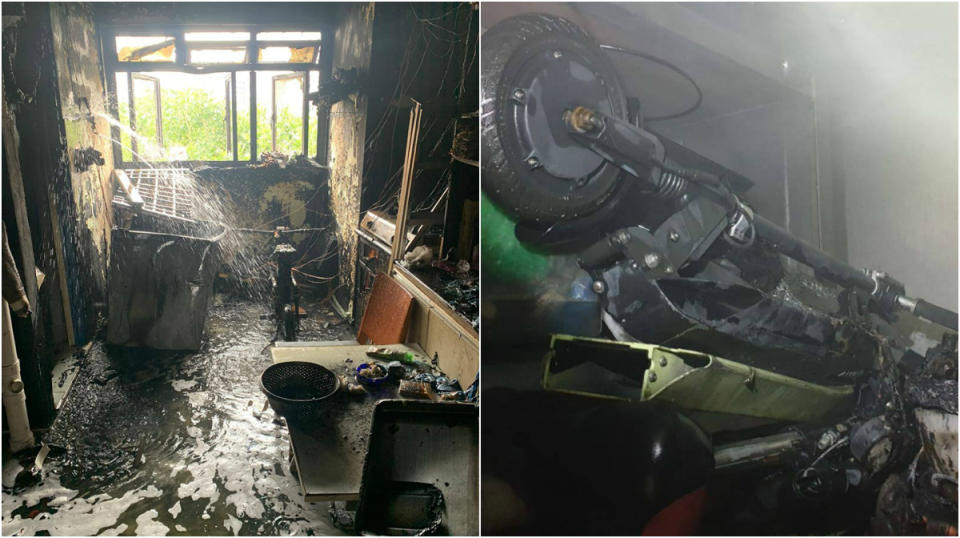 Two PMD-related fires broke out separately at a 7th-floor unit at Block 106 Bedok North Avenue 4 (left) and an e-scooter shop at No 33 Lorong 19 Geylang on 28 October, 2019. (PHOTOS: SCDF/Facebook)