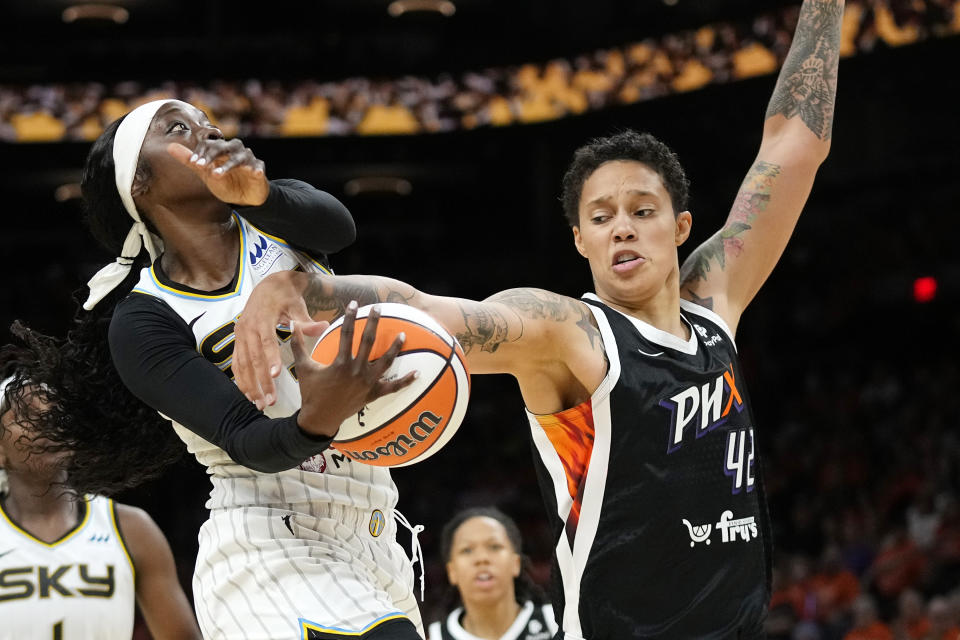 FILE - Phoenix Mercury center Brittney Griner (42) blocks a shot by Chicago Sky guard Kahleah Copper, left, during the second half of a WNBA basketball game, Sunday, May 21, 2023, in Phoenix. Chicago has seen massive roster changes since winning its first championship two years ago. Kahleah Copper is the lone starter remaining from that team as Candace Parker, Courtney Vandersloot, Azura Stevens and Allie Quigley are all gone. (AP Photo/Ross D. Franklin, File)