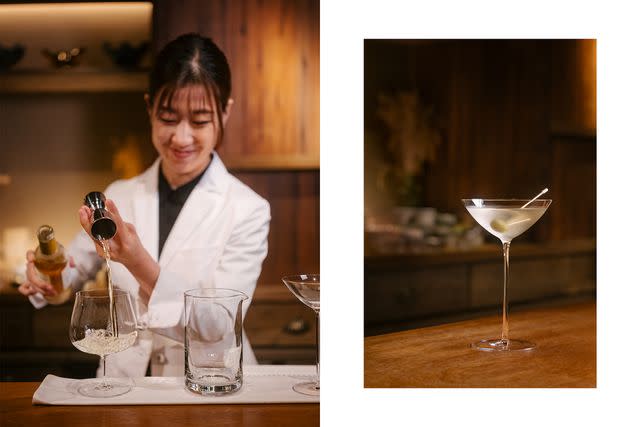 <p>Irwin Wong</p> From left: Yukino Sato mixing a blue-cheese martini at Folklore; Folklore's blue-cheese martini.