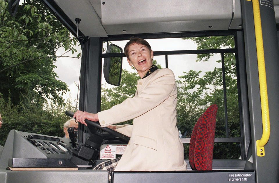 FILE - Transport Minister Glenda Jackson launches the UK's first purpose built auto-LP Gas (Liquefied Petroleum Gas) powered bus at London Zoo, June 20, 1997. Glenda Jackson, a double Academy Award-winning performer who had a long second career as a British lawmaker, has died at 87. Jackson's agent Lionel Larner said she died Thursday, June 15, 2023 at her home in London after a short illness. (Tony Harris/PA via AP, File)