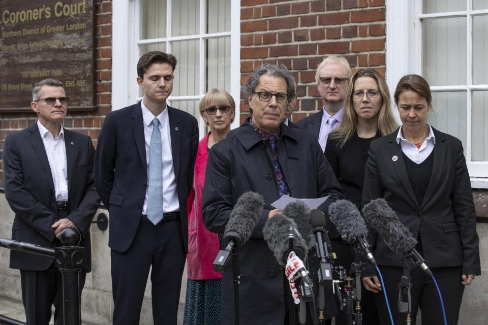 Mandatory Credit: Photo by Jeff Gilbert/Shutterstock (13433603h) Ian Russell (Molly's father),gives a statement at the end of the final day of the Molly Russell inquest at North London Coronoer's Court. Final day of the Molly Russell inquest at North London Coronoer's Court, UK - 30 Sep 2022
