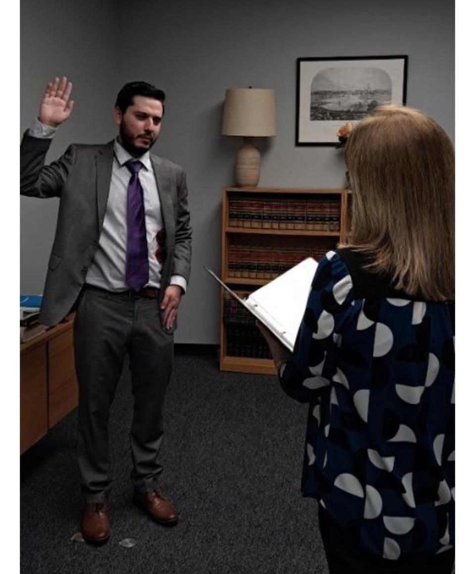 Collin Dias is sworn in as a member of the Fall River School Committee in the office of the city clerk on Thursday, June 6, 2024.