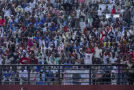 Supporters fill the stands at the final campaign rally of Ethiopia's Prime Minister Abiy Ahmed, in the town of Jimma in the southwestern Oromia Region of Ethiopia Wednesday, June 16, 2021. The country is due to vote in a general election on Monday, June, 21, 2021. (AP Photo/Mulugeta Ayene)