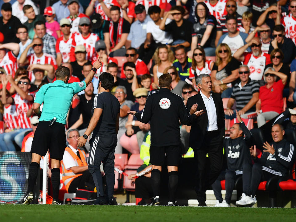 Jose Mourinho is dismissed by Craig Pawson at St Mary's: Getty