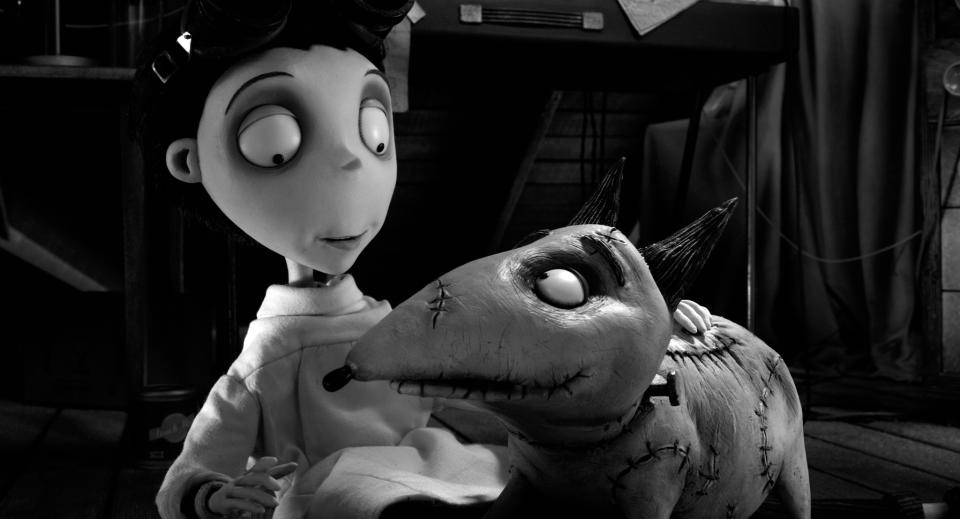 This undated publicity photo released by Disney shows Victor Frankenstein, voiced by Charlie Tahan, with Sparky, in a scene from "Frankenweenie." Burton's boy-and-his-dead-dog tale “Frankenweenie” is Hollywood's latest resurrection of stop-motion animation, a century-old style that still creeps on to the big-screen now and then in an age of computer-generated cartoon blockbusters. (AP Photo/Disney, File)