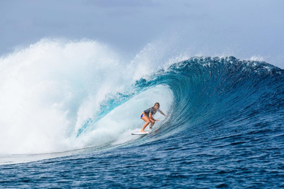 Caroline Marks surfs in Heat 1 of the Quarterfinals at the Outerknown Tahiti Pro on Aug. 19, 2022 at Teahupo'o, Tahiti, French Polynesia.