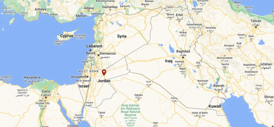 A map showing the general location of Muwaffaq Salti Air Base in Jordan. <em>Google Maps</em>