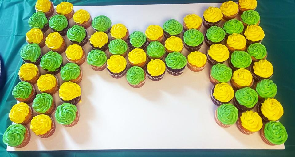 Principal Jaimie Pereira made cupcakes for the 50th anniversary celebration at the Joseph H. Martin Middle School in Taunton on Tuesday, Sept. 13, 2022.