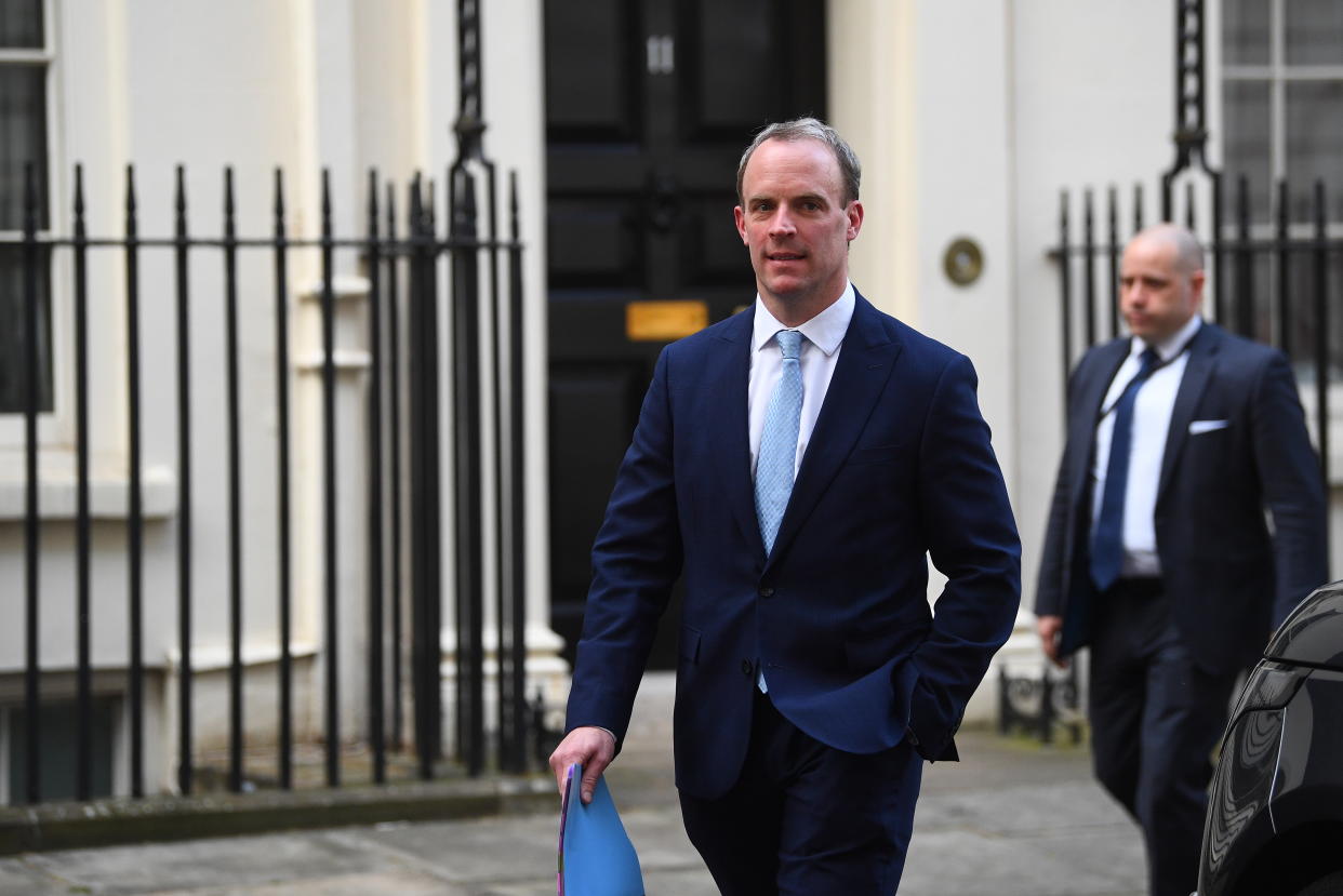 Foreign Secretary Dominic Raab in Downing Street, London, after giving the daily media briefing on coronavirus (COVID-19).