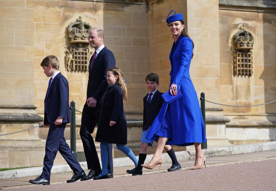 Prince William and Kate, Princess of Wales with their children Prince George, left, Princess Charlotte and Prince Louis attend the Easter Mattins Service at St George's Chapel at Windsor Castle (AP)