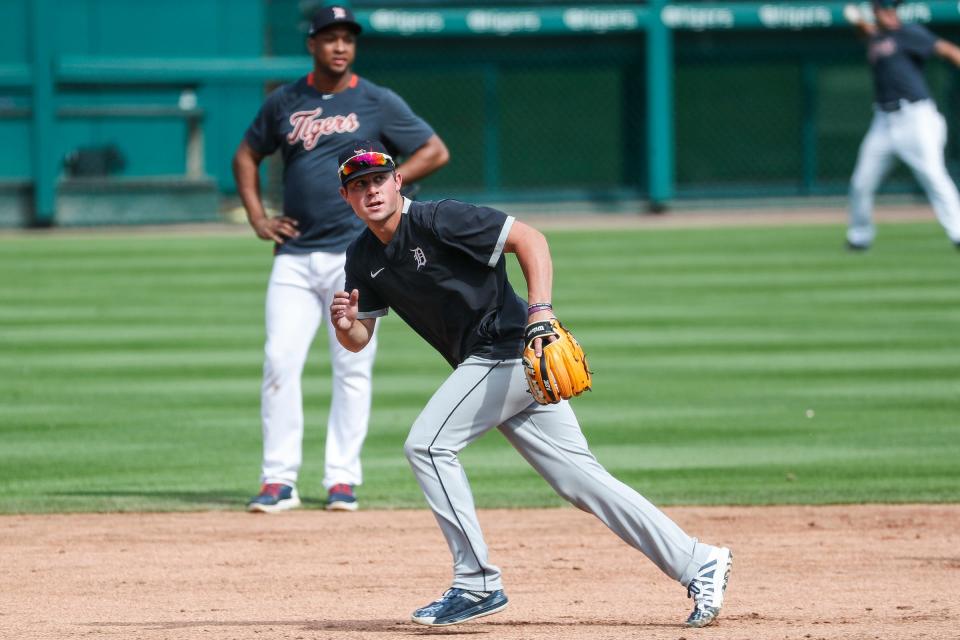 Detroit Tigers infielder Spencer Torkelson works out during summer camp at Comerica Park in Detroit, Wednesday, July 15, 2020.