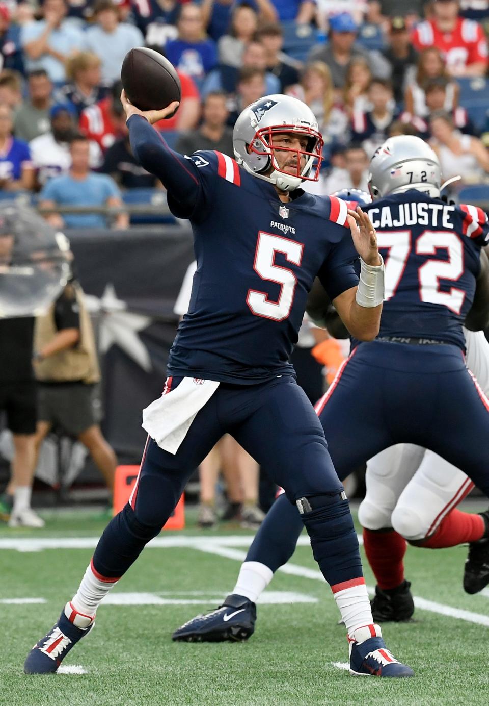 Aug 11, 2022; Foxborough, Massachusetts, USA; New England Patriots quarterback Brian Hoyer (5) throws a pass against the New York Giants during the first half of a preseason game at Gillette Stadium. Mandatory Credit: Eric Canha-USA TODAY Sports