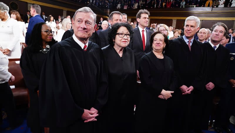 Chief Justice John Roberts, from front row left, Justice Sonia Sotomayor, Justice Elena Kagan, Justice Neil Gorsuch, Justice Brett Kavanaugh, and in back row left, Justice Ketanji Brown Jackson, arrive before President Joe Biden delivers the State of the Union address to a joint session of Congress at the Capitol, Thursday, March 7, 2024, in Washington.