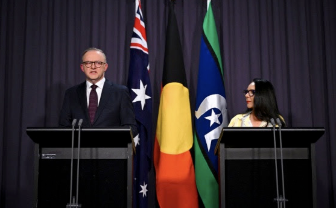 Australian Prime Minister Anthony Albanese and Minister for Indigenous Australians Linda Burney deliver a statement on the outcome of the Voice Referendum at Parliament House in Canberra, Australia October 14, 2023. (Photo/AP image/Lukas Coch viaREUTERS)