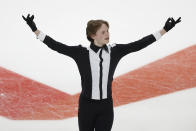 Ilia Malinin gestures after his performance during the men's short program at the U.S. figure skating championships in San Jose, Calif., Friday, Jan. 27, 2023. (AP Photo/Josie Lepe)