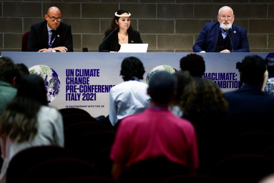 (From left) Grenada’s climate resilience minister Simon Stiell, the Marshall Islands climate envoy Tina Stege, and European Commission vice-president Frans Timmermans at Pre-Cop26 in Milan on 2 October 2021.