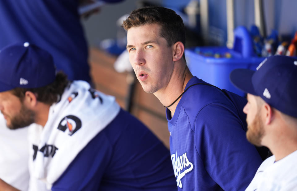 Los Angeles, CA - July 27:  Walker Buehler of the Los Angeles Dodgers sits on the bench against the Washington Nationals in the ninth inning during a MLB baseball game at Dodger Stadium in Los Angeles on Wednesday, July 27, 2022. (Photo by Keith Birmingham/MediaNews Group/Pasadena Star-News via Getty Images)