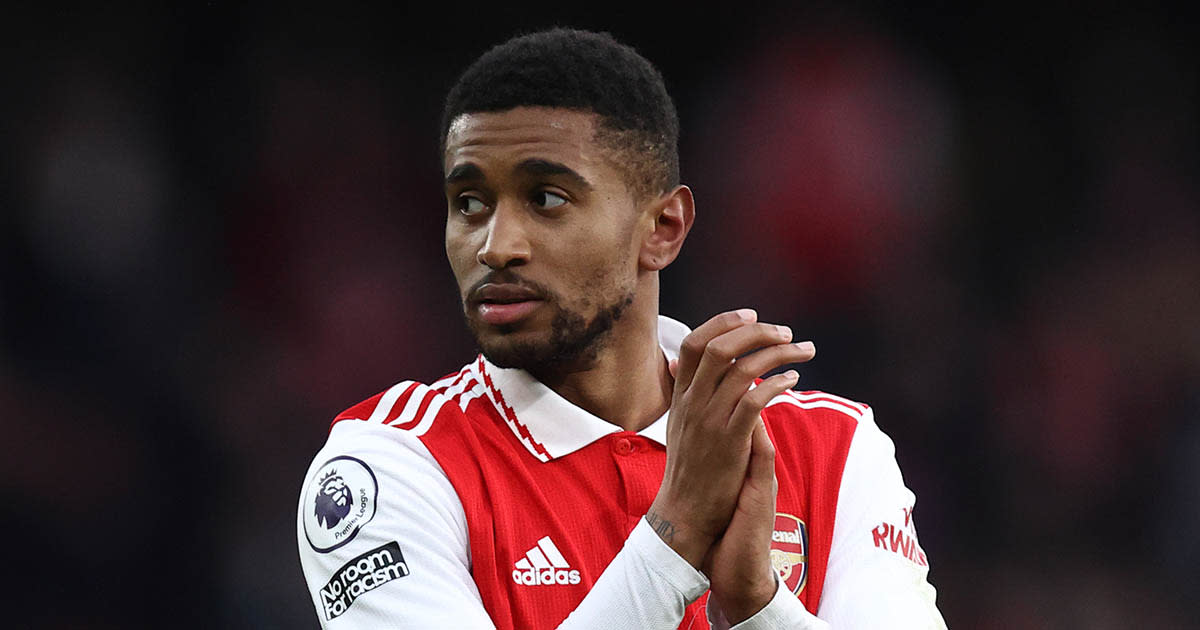  Arsenal star Reiss Nelson celebrates at full time of the Premier League match between Arsenal FC and AFC Bournemouth at Emirates Stadium on March 4, 2023 in London, United Kingdom. 