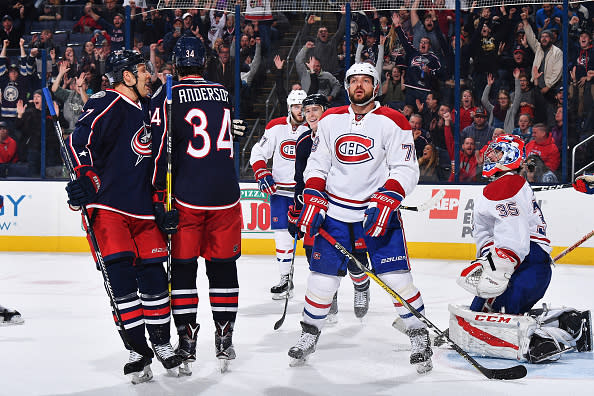 COLUMBUS, OH - NOVEMBER 4: Josh Anderson #34 of the Columbus Blue Jackets celebrates his third period goal with teammate Jack Johnson #7 of the Columbus Blue Jackets during a game against the Montreal Canadiens on November 4, 2016 at Nationwide Arena in Columbus, Ohio. Columbus shut out Montreal 10-0. (Photo by Jamie Sabau/NHLI via Getty Images)