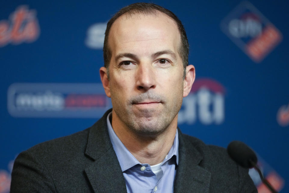 FILE - Then-New York Mets general manager Billy Eppler speaks to reporters during a news conference at Citi Field, Jan. 31, 2023, in New York. Former New York Mets general manager Billy Eppler was suspended through this year's World Series on Friday, Feb. 9, 2024, by baseball Commissioner Rob Manfred, who concluded he and other team employees fabricated injuries to create open roster spots. (AP Photo/Mary Altaffer, File)