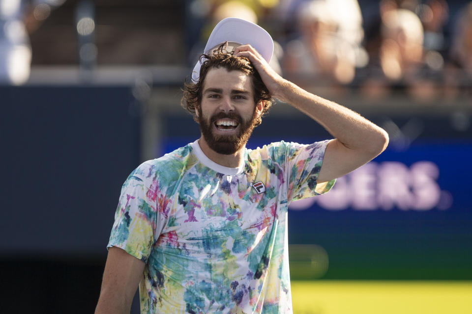 FILE - Reilly Opelka reacts after defeating Stefanos Tsitsipas, of Greece, to reach the final of the men's National Bank Open tennis tournament in Toronto, in this Saturday, Aug. 14, 2021, file photo. Opelka is seeded for the U.S. Open, the year's last Grand Slam tennis tournament. Play in the main draw begins in New York on Monday, Aug. 30. (Chris Young/The Canadian Press via AP, File)