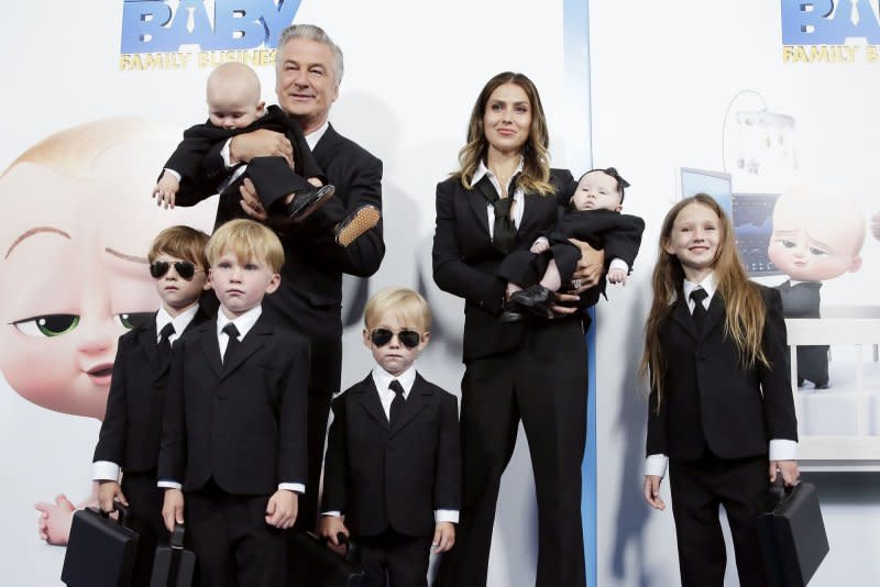 Alec Baldwin, Hilaria Baldwin and their children Lucia Baldwin, Rafael Baldwin, Eduardo Baldwin, Leonardo Baldwin, Romeo Baldwin and Carmen Baldwin attend the New York premiere of "The Boss Baby: Family Business" in 2021. File Photo by John Angelillo/UPI