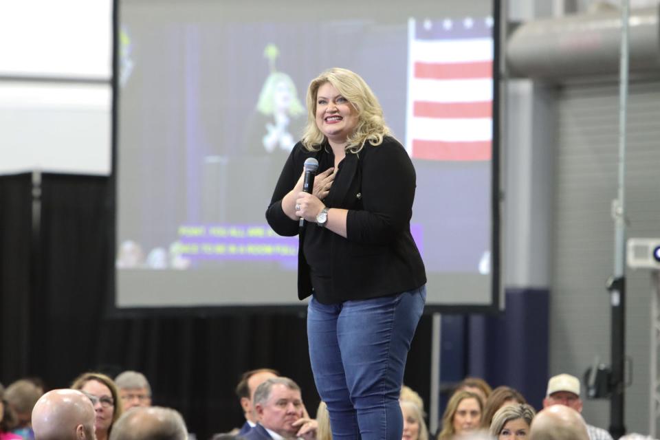 U.S. Congresswoman Kat Cammack, R-FL, addresses a crowd at the Black Tie and Blue Jeans BBQ fundraiser on Oct. 12, 2023, at Legacy Park in Alachua, Florida.